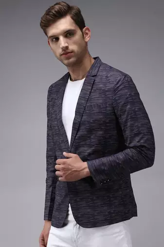SHOWOFF Men's Mandarin Collar Navy Blue Printed Blazer