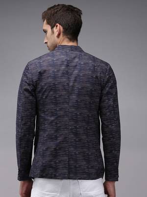 SHOWOFF Men's Mandarin Collar Navy Blue Printed Blazer 4
