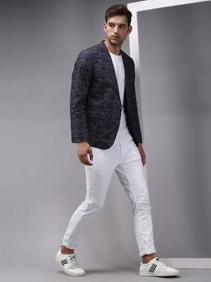 SHOWOFF Men's Mandarin Collar Navy Blue Printed Blazer 5