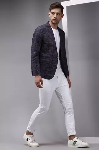 SHOWOFF Men's Mandarin Collar Navy Blue Printed Blazer