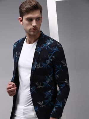 SHOWOFF Men's Mandarin Collar Navy Blue Printed Blazer 1