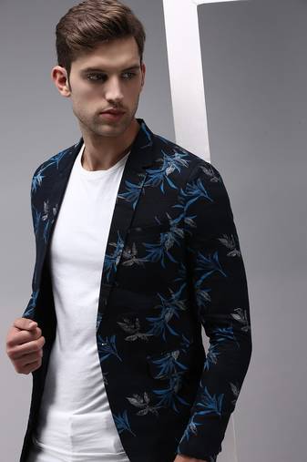 SHOWOFF Men's Mandarin Collar Navy Blue Printed Blazer