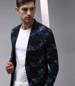 SHOWOFF Men's Mandarin Collar Navy Blue Printed Blazer