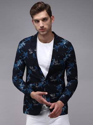 SHOWOFF Men's Mandarin Collar Navy Blue Printed Blazer 2