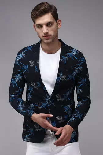 SHOWOFF Men's Mandarin Collar Navy Blue Printed Blazer