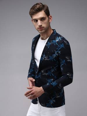 SHOWOFF Men's Mandarin Collar Navy Blue Printed Blazer 3