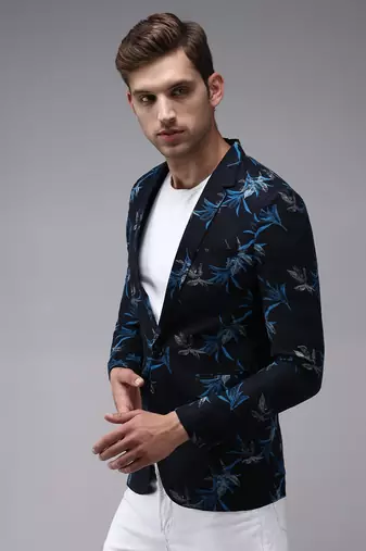 SHOWOFF Men's Mandarin Collar Navy Blue Printed Blazer
