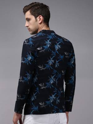 SHOWOFF Men's Mandarin Collar Navy Blue Printed Blazer 4