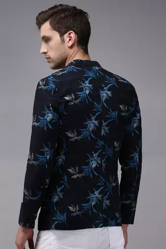 SHOWOFF Men's Mandarin Collar Navy Blue Printed Blazer