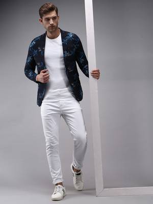 SHOWOFF Men's Mandarin Collar Navy Blue Printed Blazer 5
