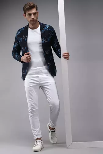 SHOWOFF Men's Mandarin Collar Navy Blue Printed Blazer