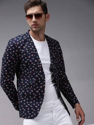 Men's Mandarin Collar Navy Blue Printed Blazer 1