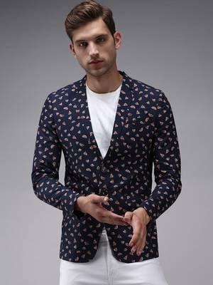 Men's Mandarin Collar Navy Blue Printed Blazer 2
