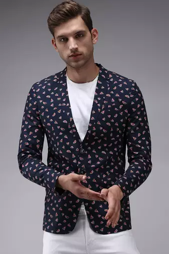 Men's Mandarin Collar Navy Blue Printed Blazer