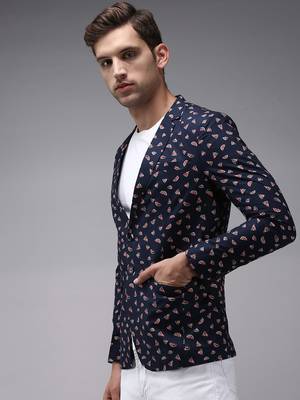 Men's Mandarin Collar Navy Blue Printed Blazer 3