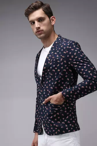 Men's Mandarin Collar Navy Blue Printed Blazer