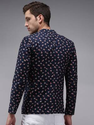 Men's Mandarin Collar Navy Blue Printed Blazer 4
