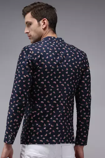 Men's Mandarin Collar Navy Blue Printed Blazer