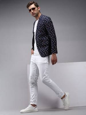 Men's Mandarin Collar Navy Blue Printed Blazer 5
