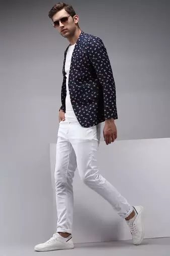 Men's Mandarin Collar Navy Blue Printed Blazer