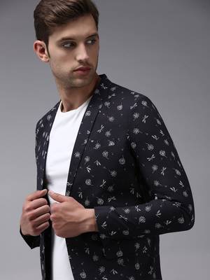 Men's Mandarin Collar Blue Printed Blazer 1