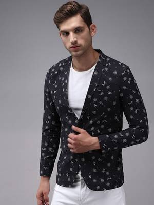 Men's Mandarin Collar Blue Printed Blazer 2