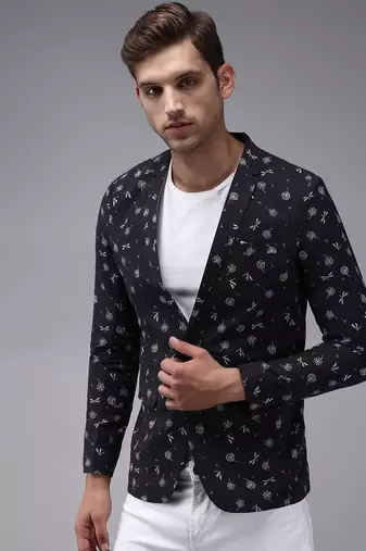 Men's Mandarin Collar Blue Printed Blazer