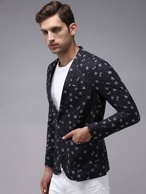 Men's Mandarin Collar Blue Printed Blazer 3