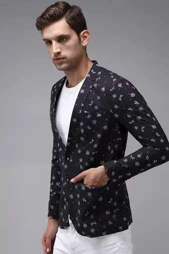 Men's Mandarin Collar Blue Printed Blazer