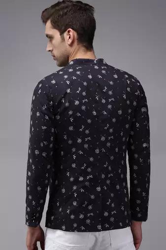 Men's Mandarin Collar Blue Printed Blazer