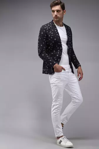 Men's Mandarin Collar Blue Printed Blazer