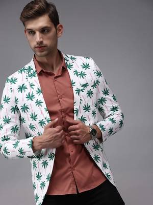 Men's Mandarin Collar White Printed Blazer 1