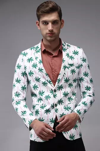 Men's Mandarin Collar White Printed Blazer