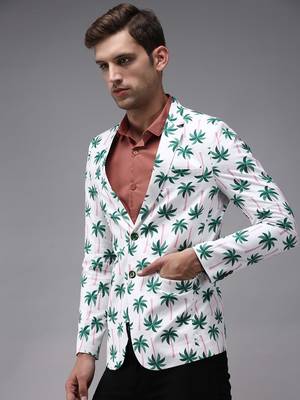 Men's Mandarin Collar White Printed Blazer 3