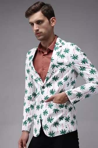 Men's Mandarin Collar White Printed Blazer
