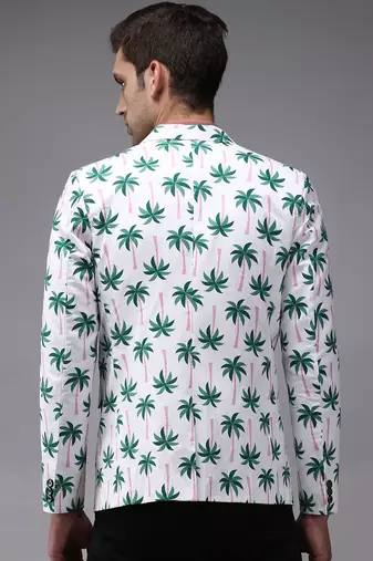 Men's Mandarin Collar White Printed Blazer