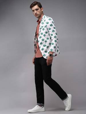 Men's Mandarin Collar White Printed Blazer 5