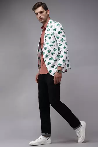 Men's Mandarin Collar White Printed Blazer