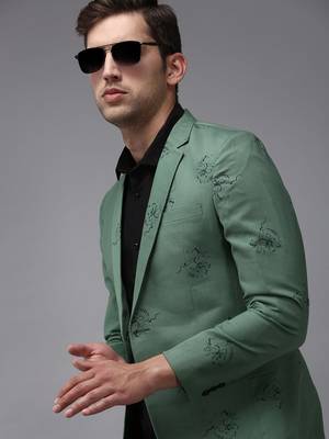 SHOWOFF Men's Mandarin Collar Green Printed Blazer 1