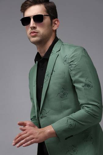 SHOWOFF Men's Mandarin Collar Green Printed Blazer