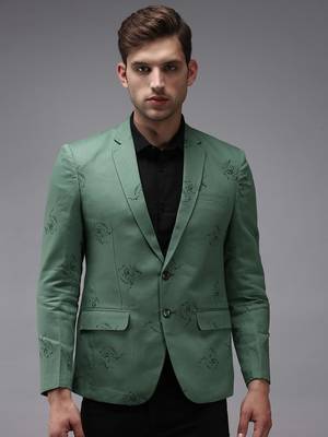 SHOWOFF Men's Mandarin Collar Green Printed Blazer 2