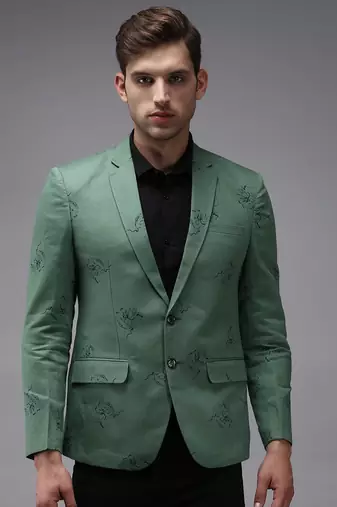SHOWOFF Men's Mandarin Collar Green Printed Blazer