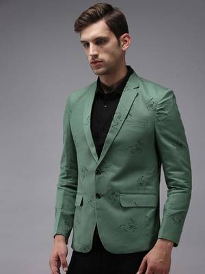 SHOWOFF Men's Mandarin Collar Green Printed Blazer 3