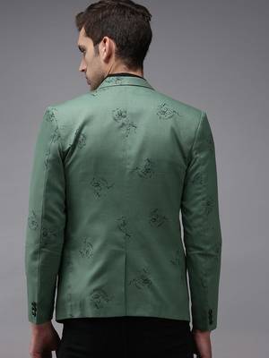 SHOWOFF Men's Mandarin Collar Green Printed Blazer 4