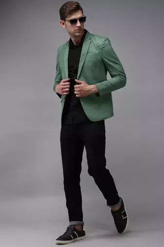 SHOWOFF Men's Mandarin Collar Green Printed Blazer