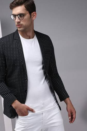 Men's Mandarin Collar Black Printed Blazer