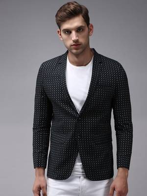 Men's Mandarin Collar Black Printed Blazer 2