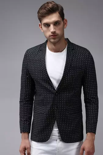 Men's Mandarin Collar Black Printed Blazer