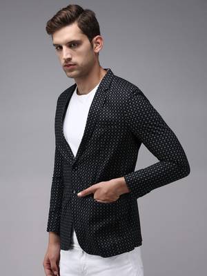 Men's Mandarin Collar Black Printed Blazer 3
