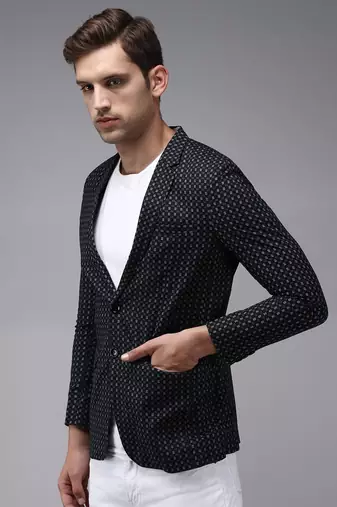 Men's Mandarin Collar Black Printed Blazer